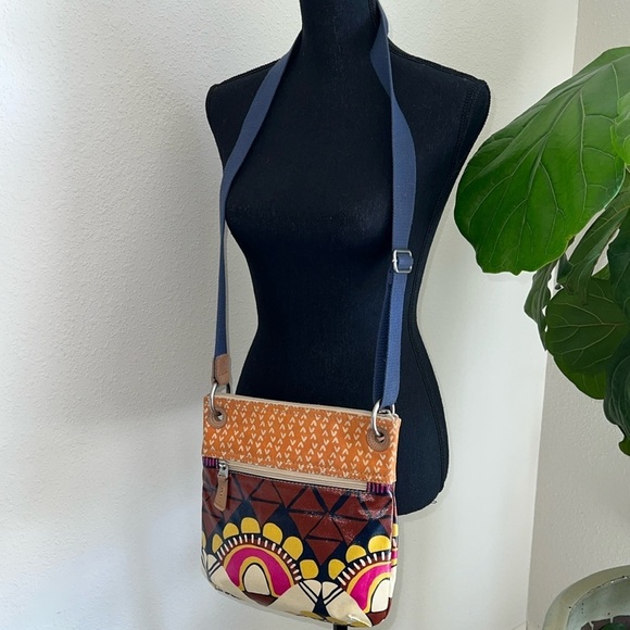 Fossil Vintage Key-Per Crossbody Hobo Canvas Bag Paisley Design Orange Hot Pink - Picture 7 of 16